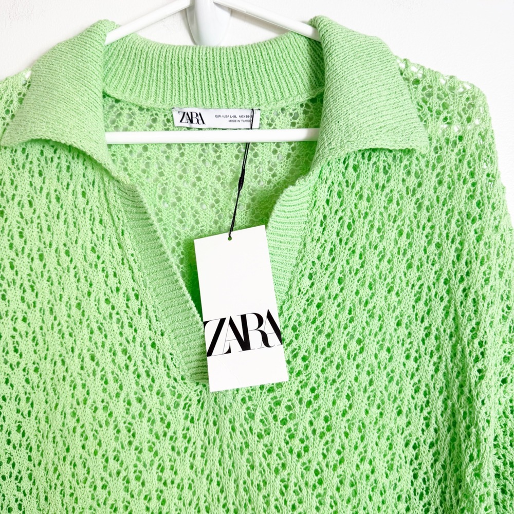 Zara Knit Pointelle Knit Oversized Polo Women L-XL Green Crochet Short Sleeve - Picture 2 of 5